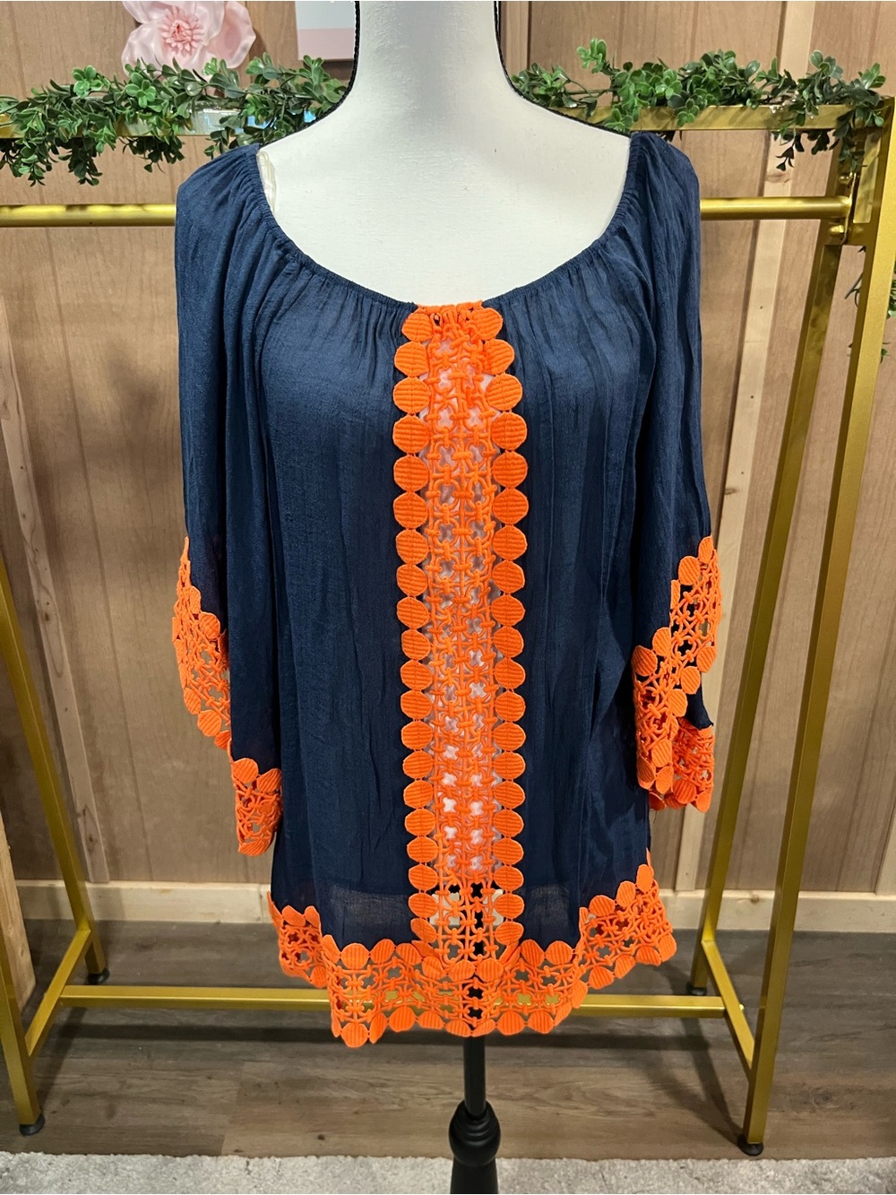 Women's Navy Peasant Top with Orange Crochet Trim